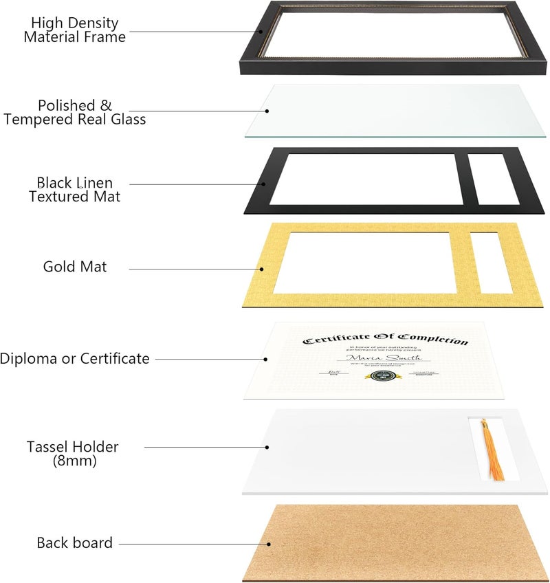 GiftMust 11x16.5 Diploma Frame with Tassel Holder for 8.5x11 Certificate Document, Black Diploma Frame with Real Glass, Black Over Gold Double Mats, Display 8.5x11 diploma and One Tassel - Image 4